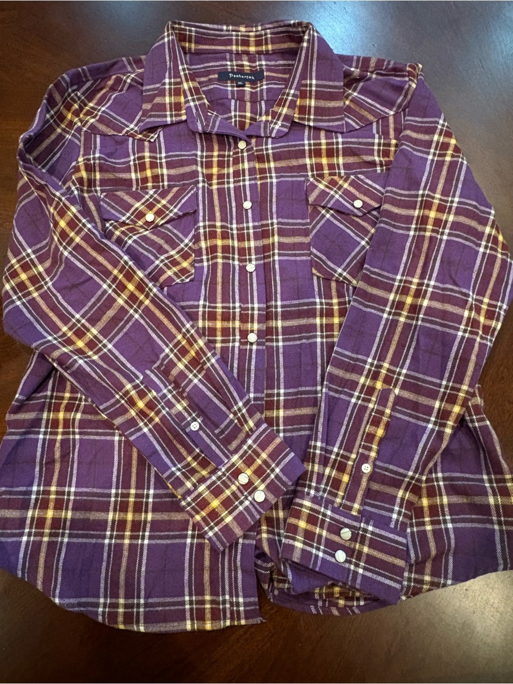 Women's Purple Plaid Button-Down Shirt with Yellow Accents
